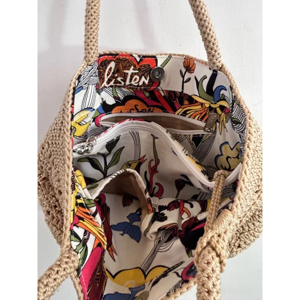 The Sak Crochet Tote Bag Medium Tan Beige Boho Shoulder Bag Women